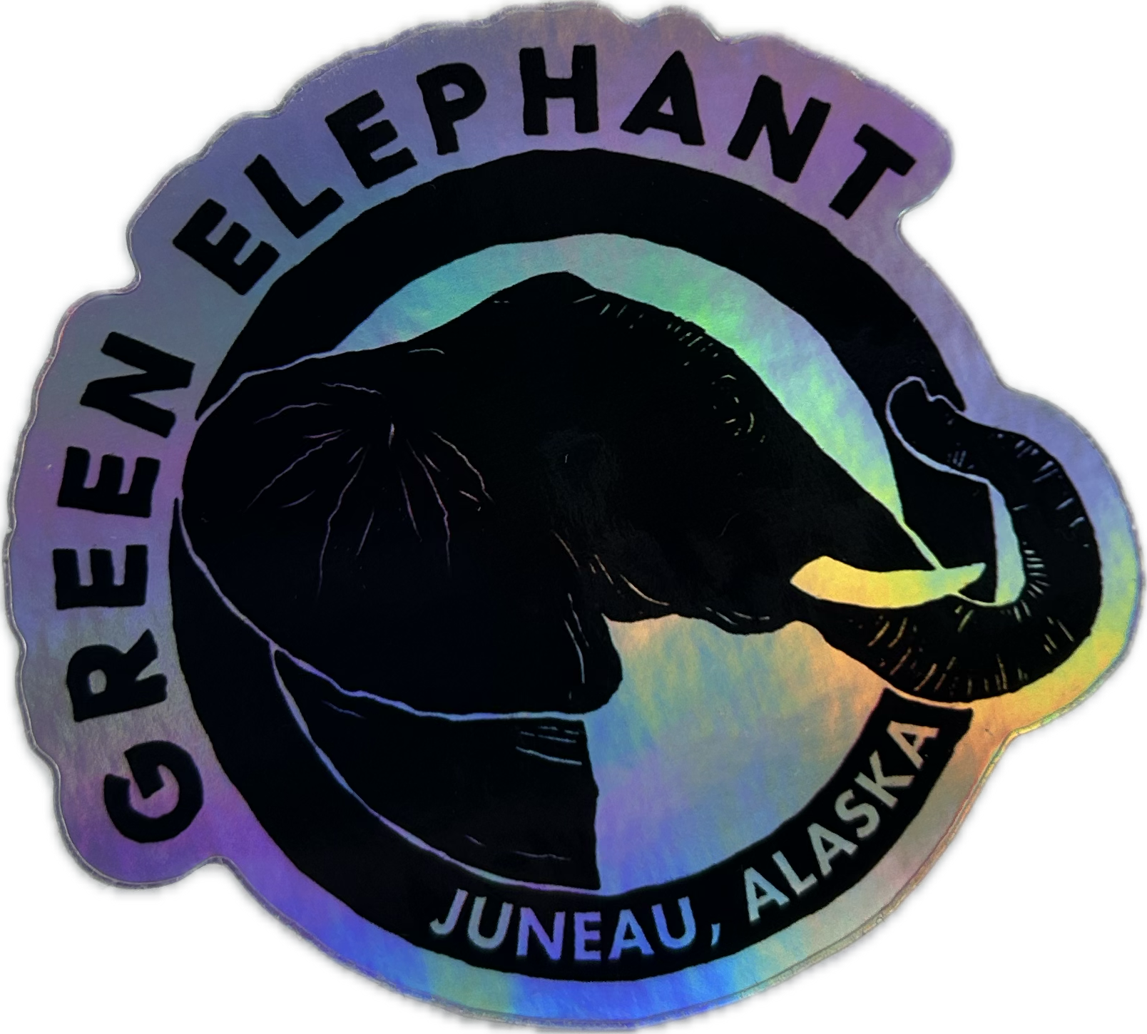 Photograph of product: Holographic Green Elephant Logo Sticker