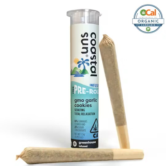 Photograph of product: Coastal Sun Greenhouse Infused Preroll 2pk 1.5g - GMO Garlic Cookies (I)