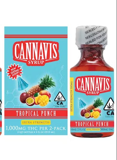 Photograph of product: CANNAVIS TROPICAL PUNCH EXTRA STRENGTH SYRUP 2 X 500MG