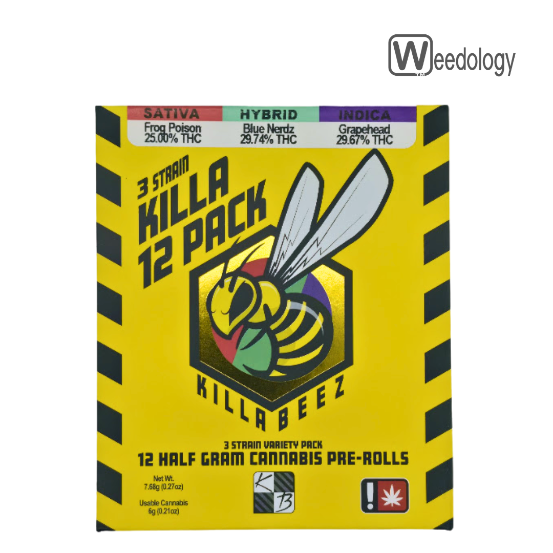 Photograph of product: Killa Beez 12pk FROG POISON(S)/BLUE NERDZ(H)/GRAPEHEAD(I) 0.5g Pre-Rolls