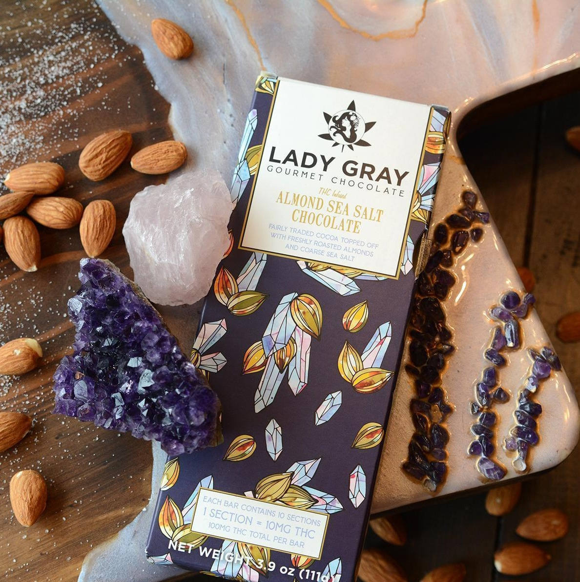 Photograph of product: Almond Sea Salt (100mg) Chocolate Bar by Lady Gray