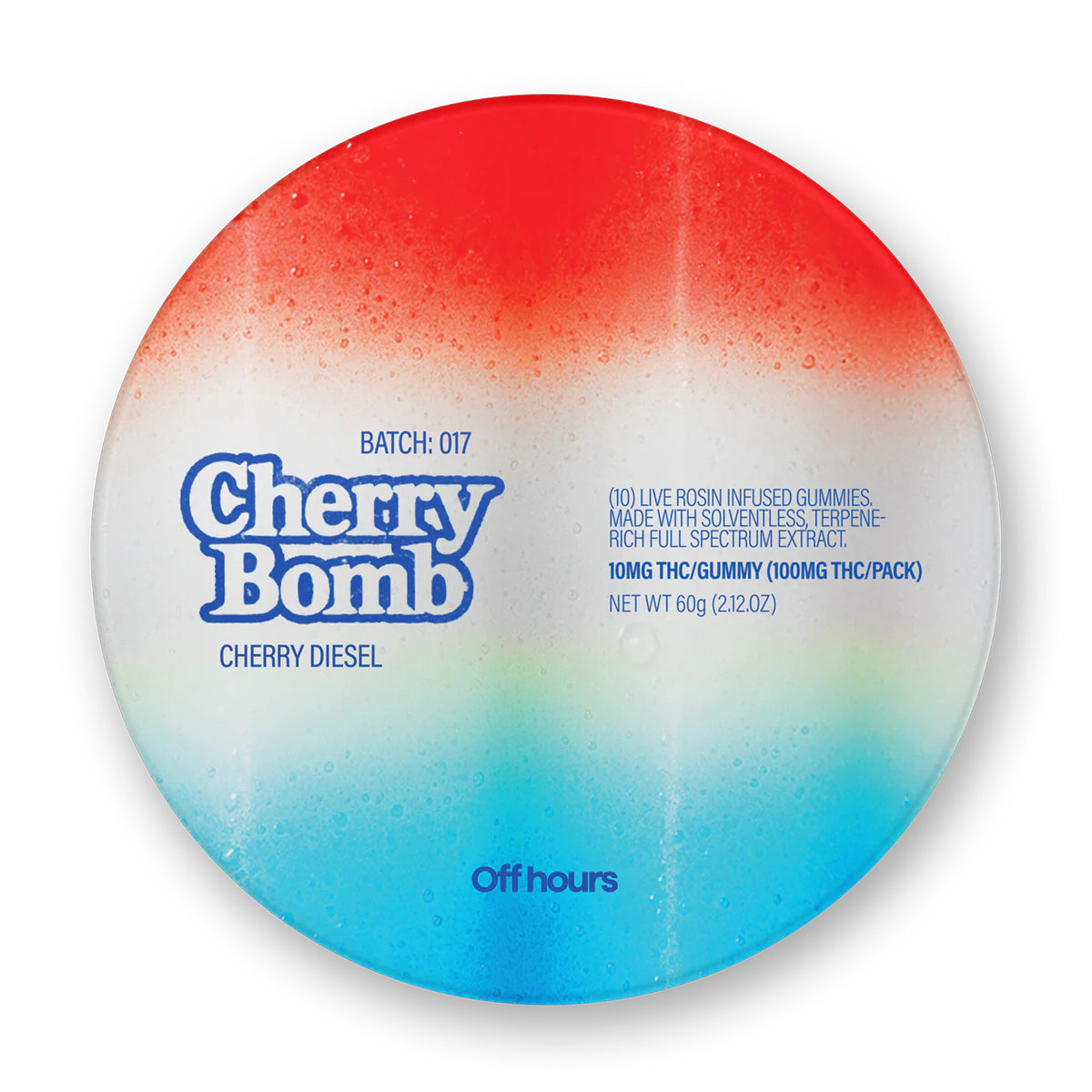 Photograph of product: OFF HOURS | LIVE ROSIN GUMMIES | BATCH 017: CHERRY DIESEL XCHERRY BOMB | 10PK 100MG