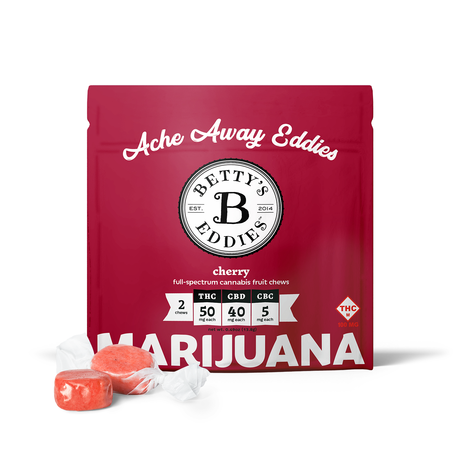 Photograph of Product: Cherry | 10:8:1 | THC:CBD:CBC | 100mg | 2pk Fruit Chews | Betty's Eddies