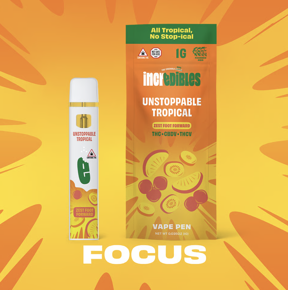 Photograph of product: Incredibles l Unstoppable Tropical (Focus) (NCD) (14:1:1 TH-oui:TH-ouiv:CBDv) Vape Pen (Disposable) l 1g