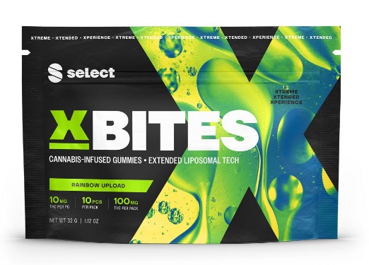 Photograph of product: Select: High Dose | X Bites | Rainbow Upload | 100mg | 2pk