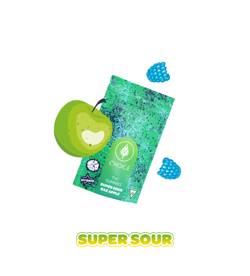 Photograph of product: Choice - Gummies - Super Sour Raz Apple - 100mg (Hybrid)