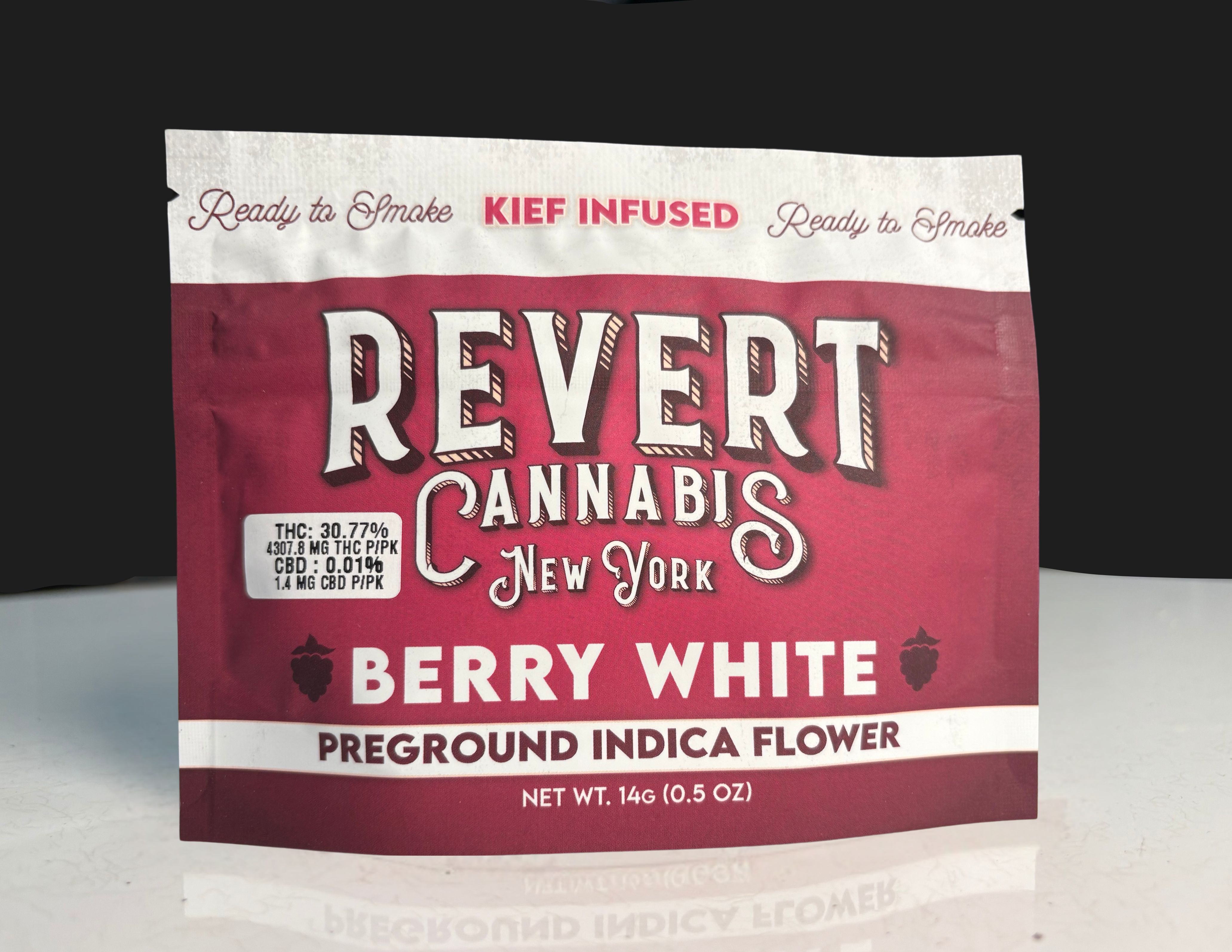 Photograph of product: Revert: Ready to Smoke Berry White Oui'd Kief Infused Ground Flower - 14g