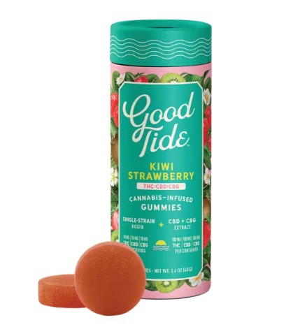 Photograph of product: Good Tide Kiwi Strawberry au chocolat Rosin Gummies 2:1:1 TH-oui:CBD:CBG 200mg