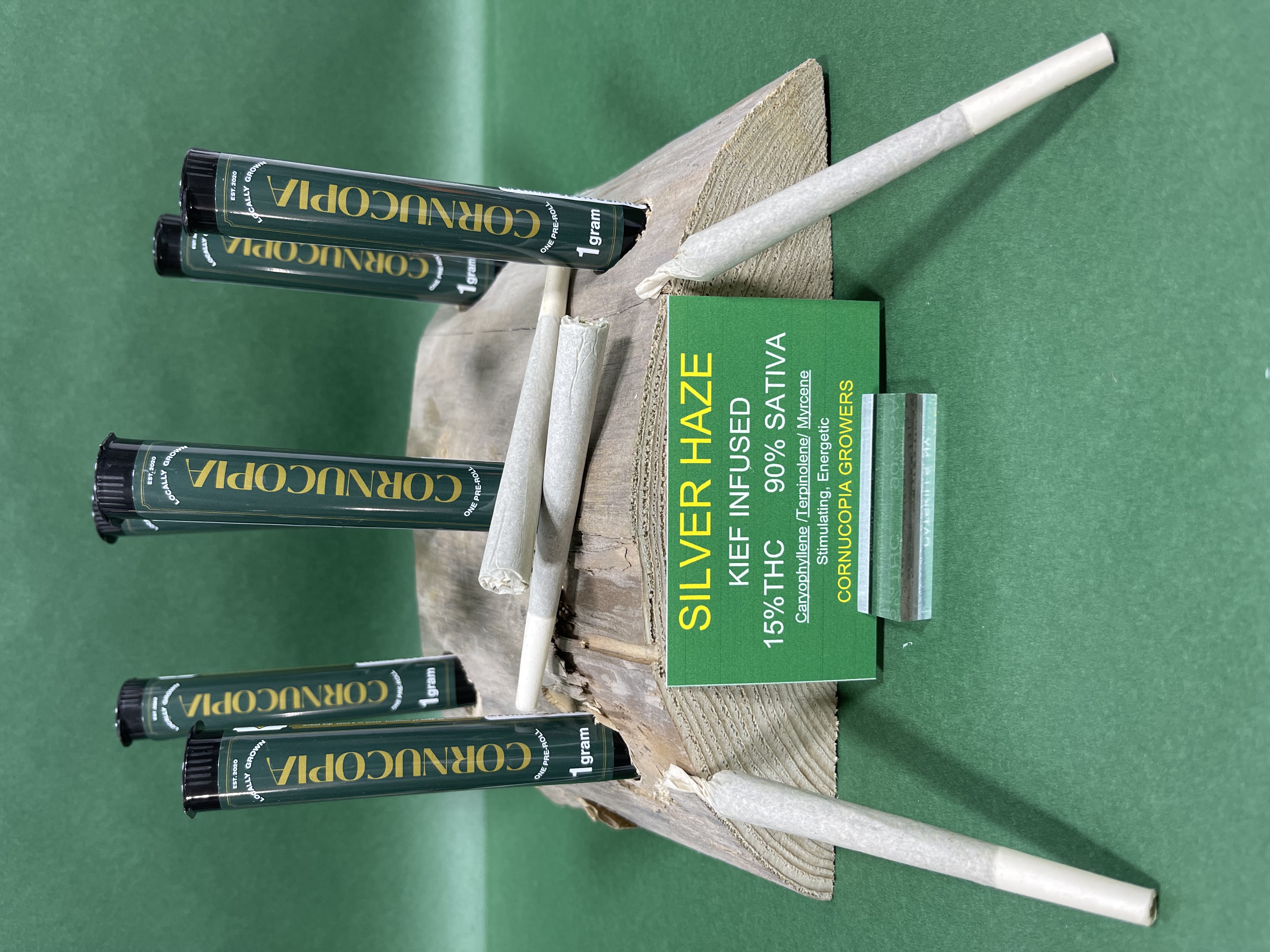 Photograph of product: Cornucopia | Silver Haze Infused w/ Kief | 1g Pre-roll