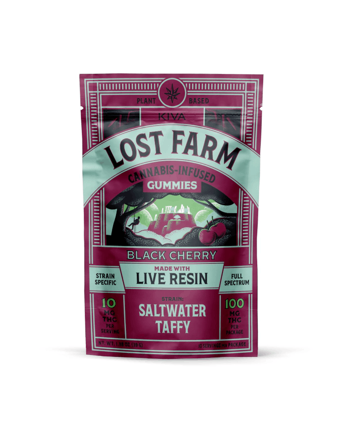 Photograph of product: Lost Farm 10pk 10mg Live Resin Gummies (100g)- Black Cherry (Saltwater Taffy)