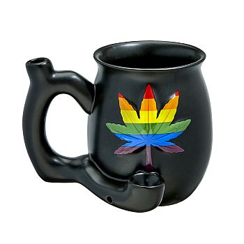 Photograph of product: FASHION CRAFT - MATTE BLACK CERAMIC MUG WITH GREEN LEAF / RAINBOW LEAF