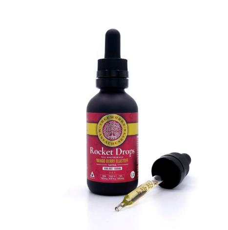 Photograph of product: Treeworks 3:2:1 Rocket Drops Tincture 300mg 60ml (CBG:TH-ouiV:TH-oui) - Mango Berry Blastoff
