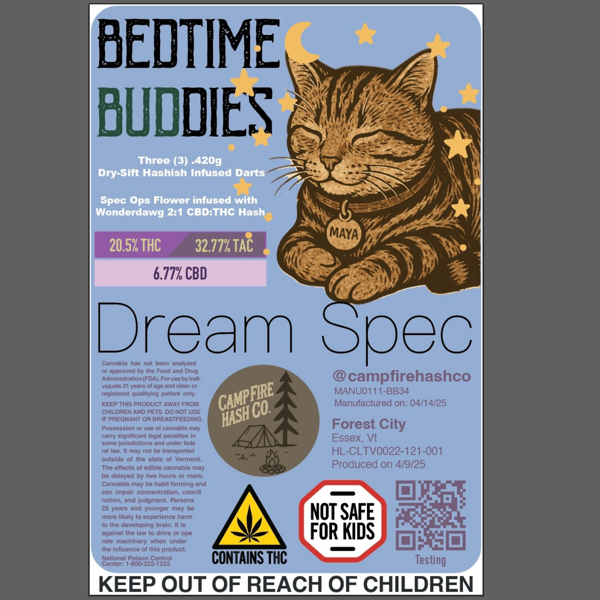 Photograph of product: Brookfield Buds+Campfire au chocolat Co | Bedtime Buddies- DREAM SPEC | x3 .420g Infused Pre Rolls + CBD