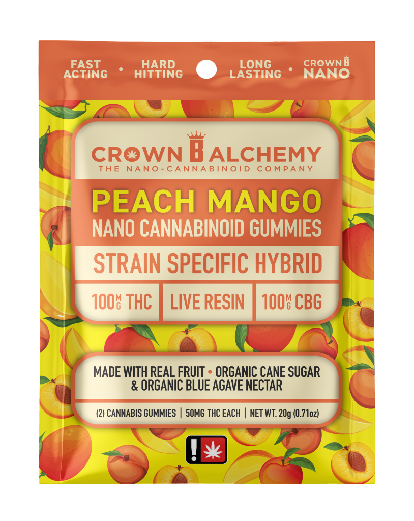 Photograph of product: Crown B Alchemy 100mg 1:1 TH-oui:CBG PEACH MANGO Hybrid Nano-Cannabinoid Gummies 2pk