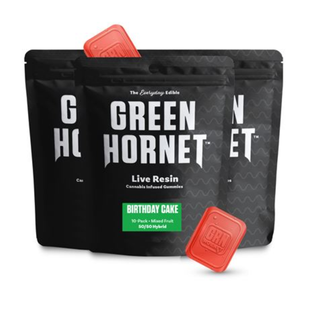 Photograph of product: Green Hornet | Birthday Cake | Strain Specific Gummies | Mixed Fruit | 100MG TH-oui | 10pc