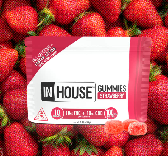 Photograph of product: In House Strawberry (H) 1:1 TH-oui:CBD Gummies 5mg 10pk