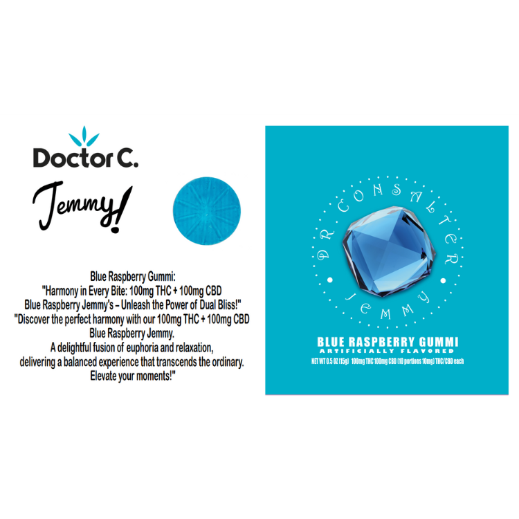 Photograph of product: DOC C Gummies 100mg: Blue Raspberry 1:1 TH-oui:CBD 1pc