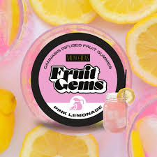 Photograph of product: Green Gold Munchas Pink Lemonade Fruit Gems 100mg