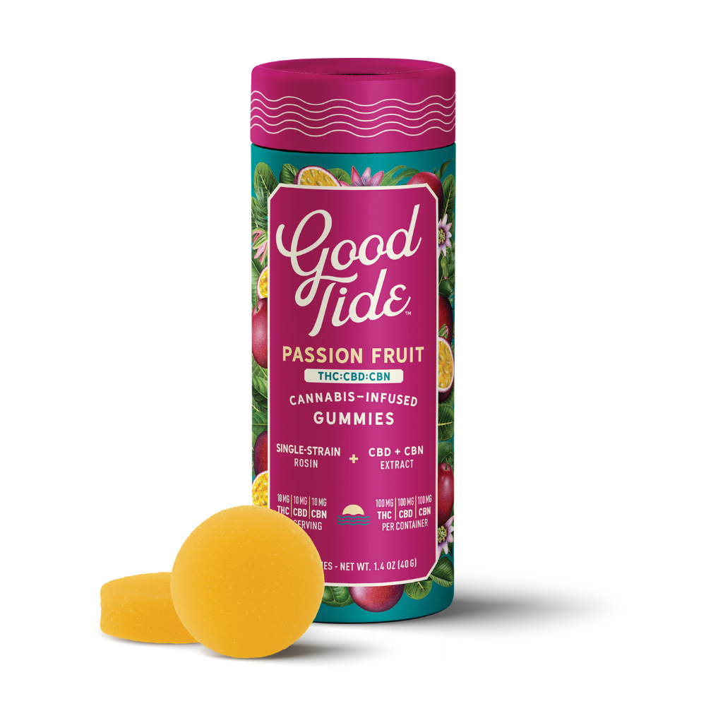 Photograph of product: Good Tide: Passion Fruit 1:1:1 THC:CBD:CBN Gummy 100mg