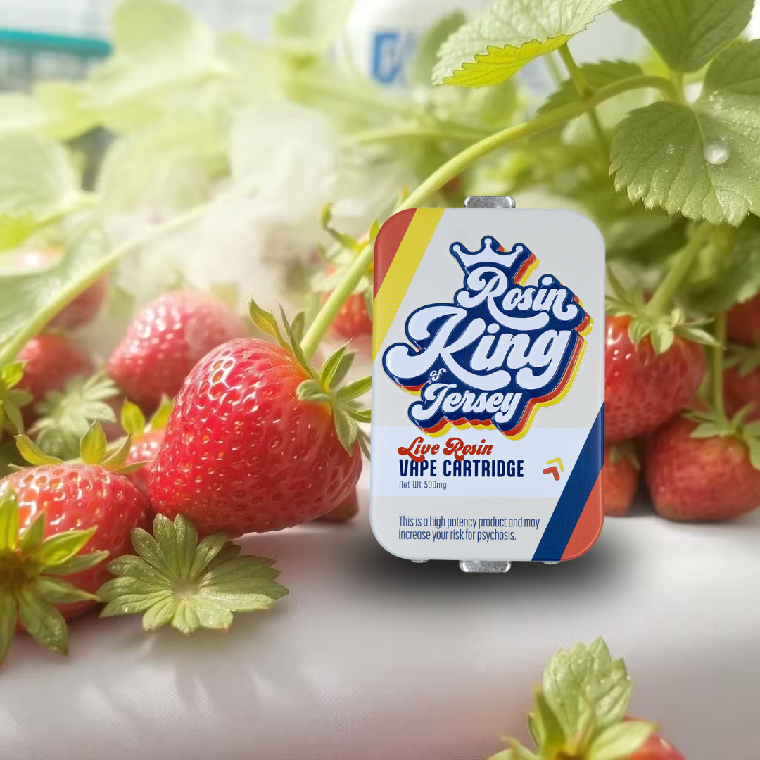 Photograph of product: Rosin King of Jersey- Strawberry Fumez Live Rosin Vape Cartridge (500mg Cartridge)