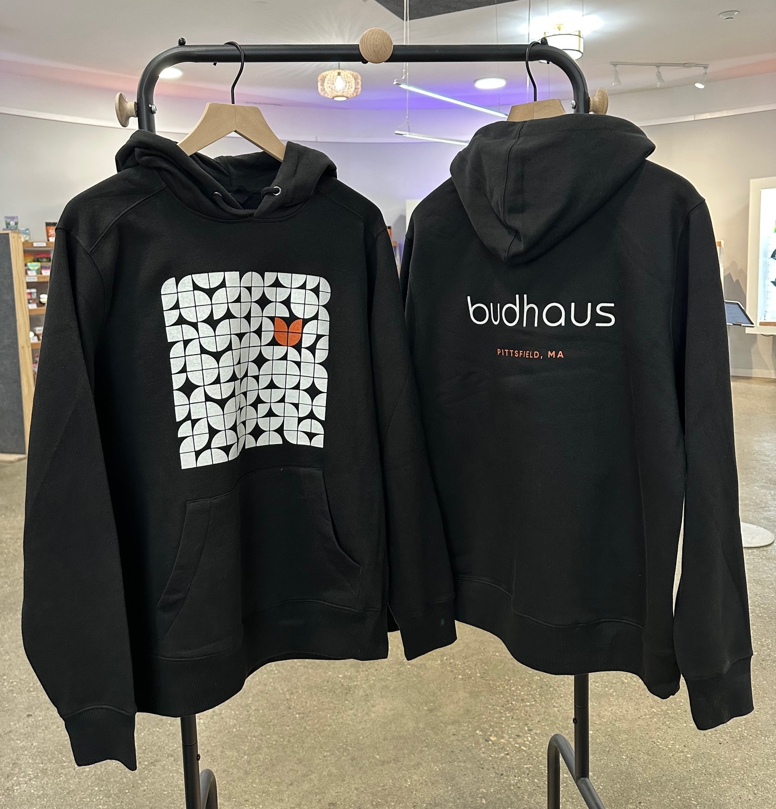 Photograph of product: White Pattern on Black Budhaus Sweatshirt - Small