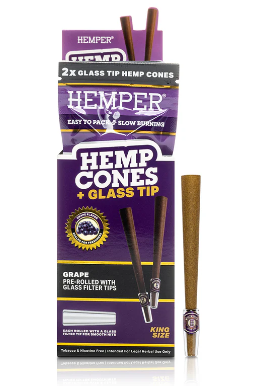 Photograph of product: Accessories | Hemper | King Size Hemp Cones + Glass Tip | Grape | 2pk