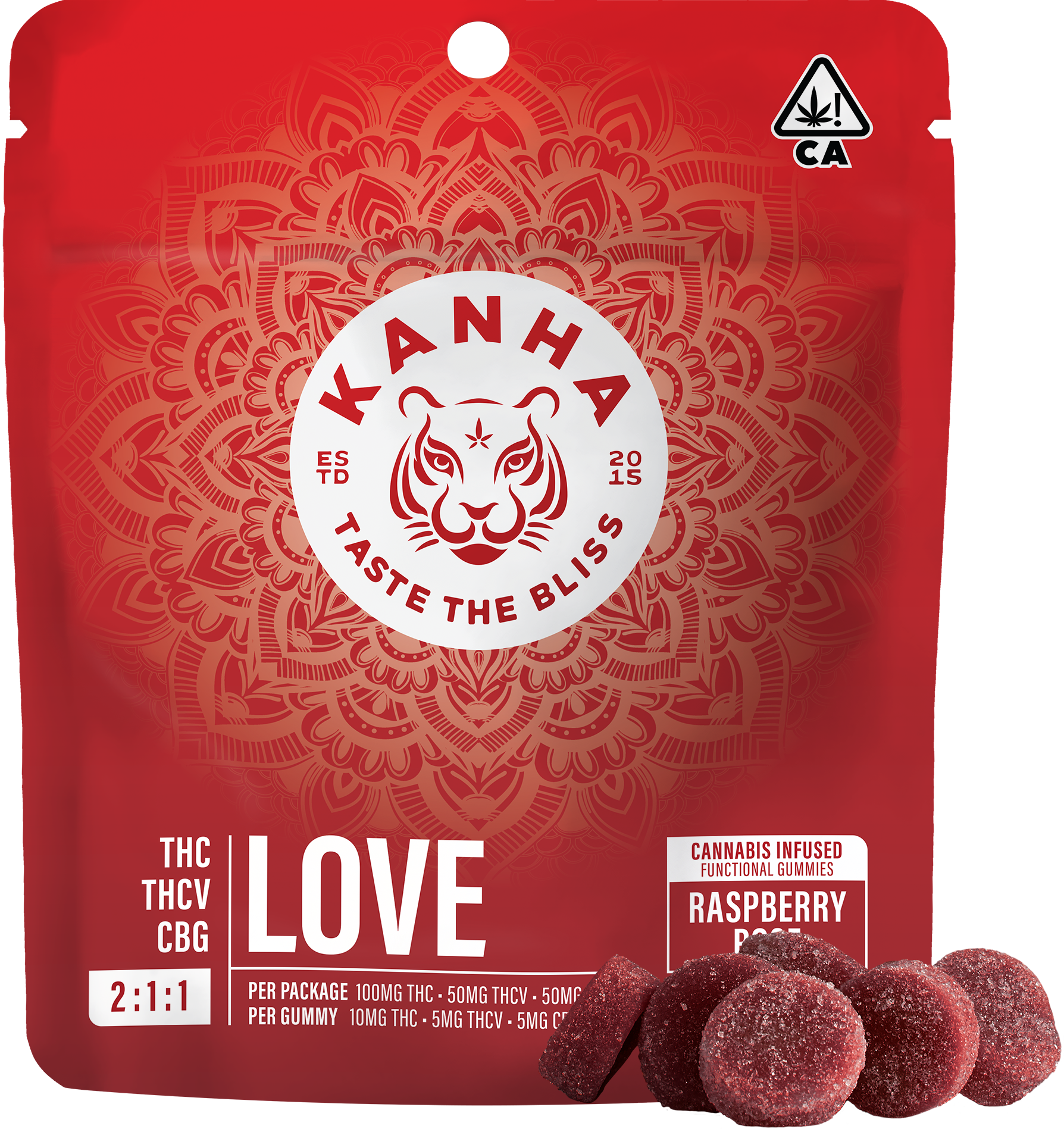Photograph of product: LOVE RASPBERRY ROSE 2:1:1 THC:THCV:CBG 100MG NANO GUMMIES