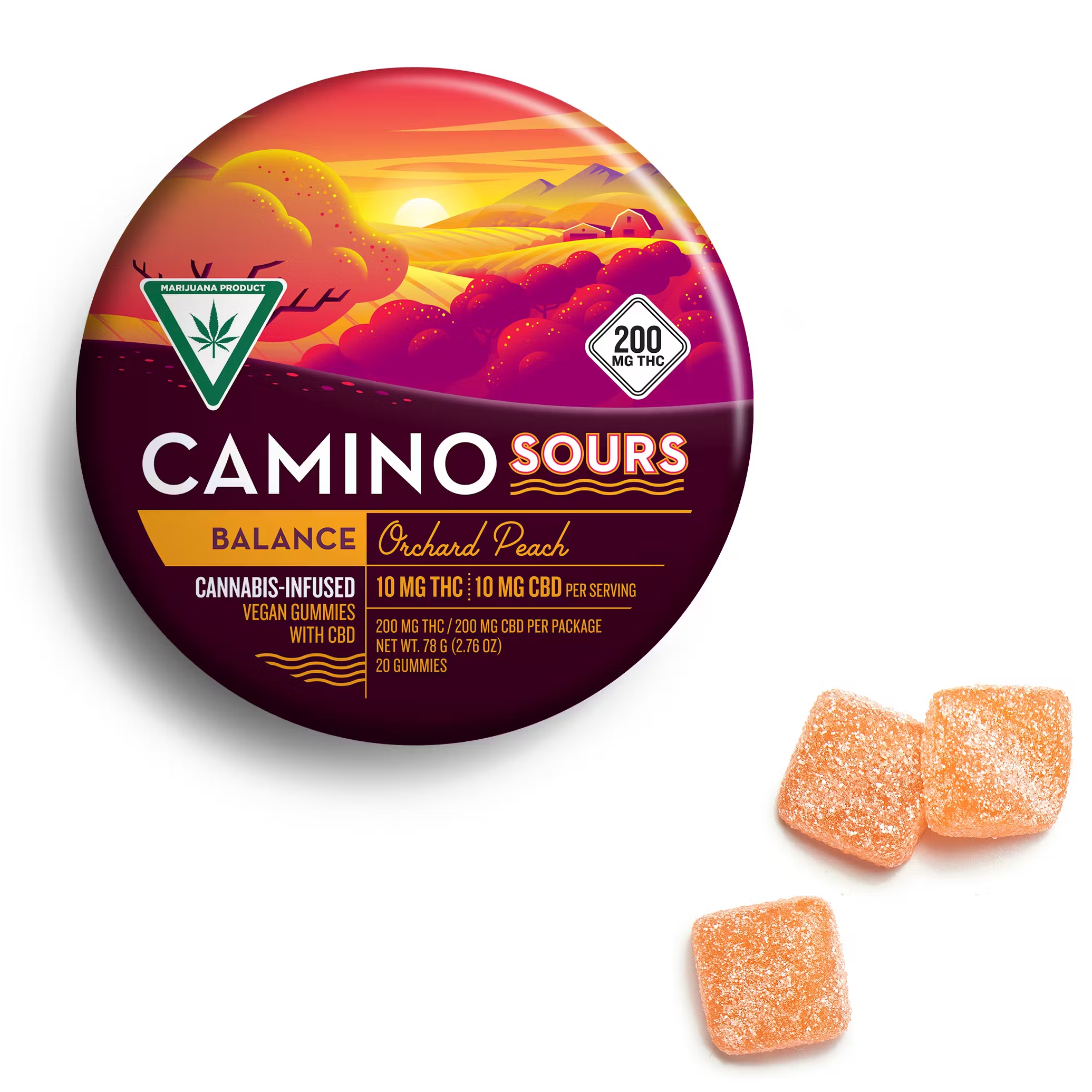 Photograph of product: Camino Sours Orchard Peach Balance 1:1 200mg TH-oui/CBD Gummies Rec