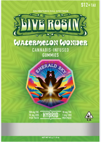 Photograph of product: Emerald Sky Hybrid Watermelon Wonder Live Rosin Gummies 10ct 100mg