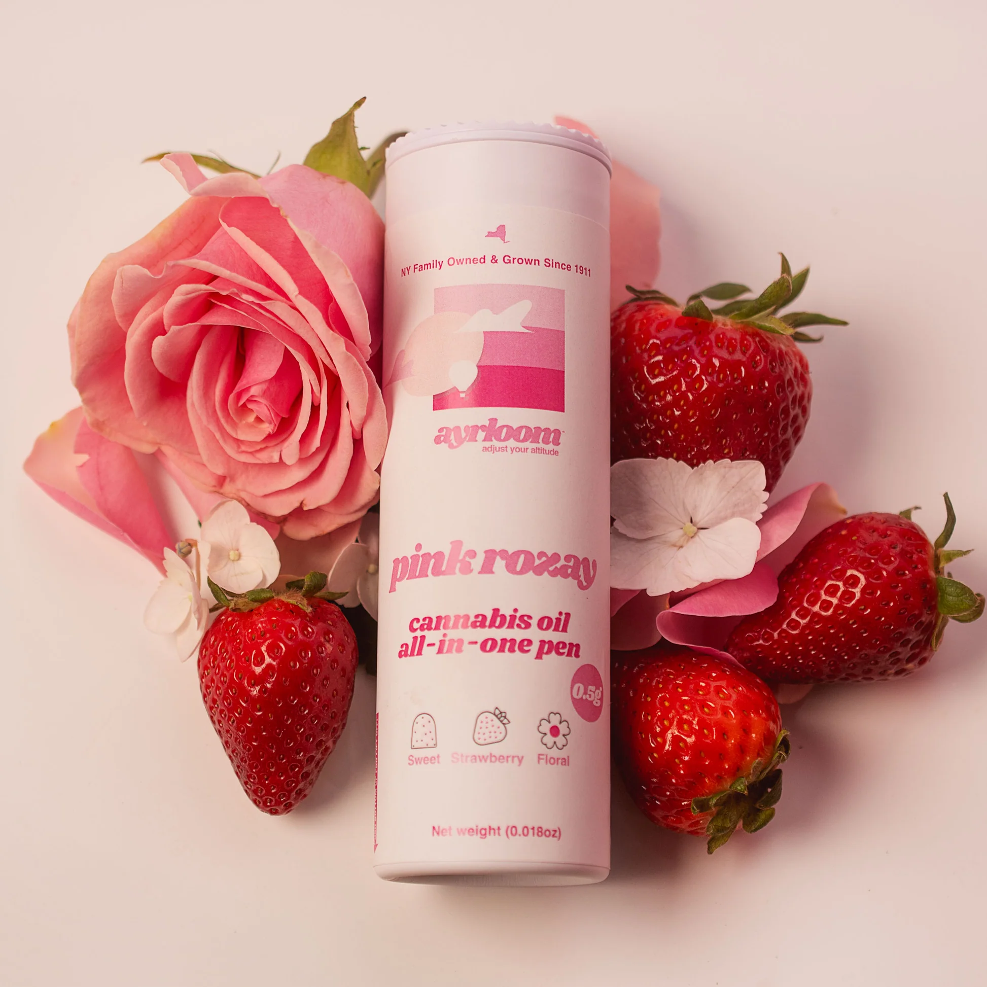 Photograph of product: Ayrloom UP | Rose | Infused Beverage | 1:1 10mg TH-oui 10mg CBC V,GF