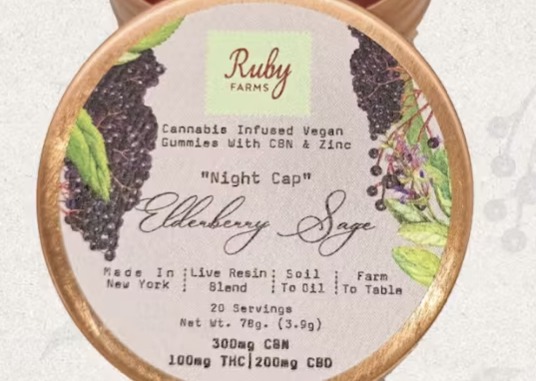 Photograph of product: Ruby Farms | Night Cap | Live Resin Gummies | Elderberry Sage | Hindu Kush