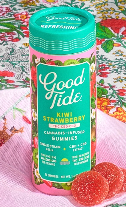 Photograph of product: Good Tide | Kiwi Strawberry | 10pk | au chocolat Rosin Gummies | 1:1:1 TH-oui:CBD:CBG | 100mg