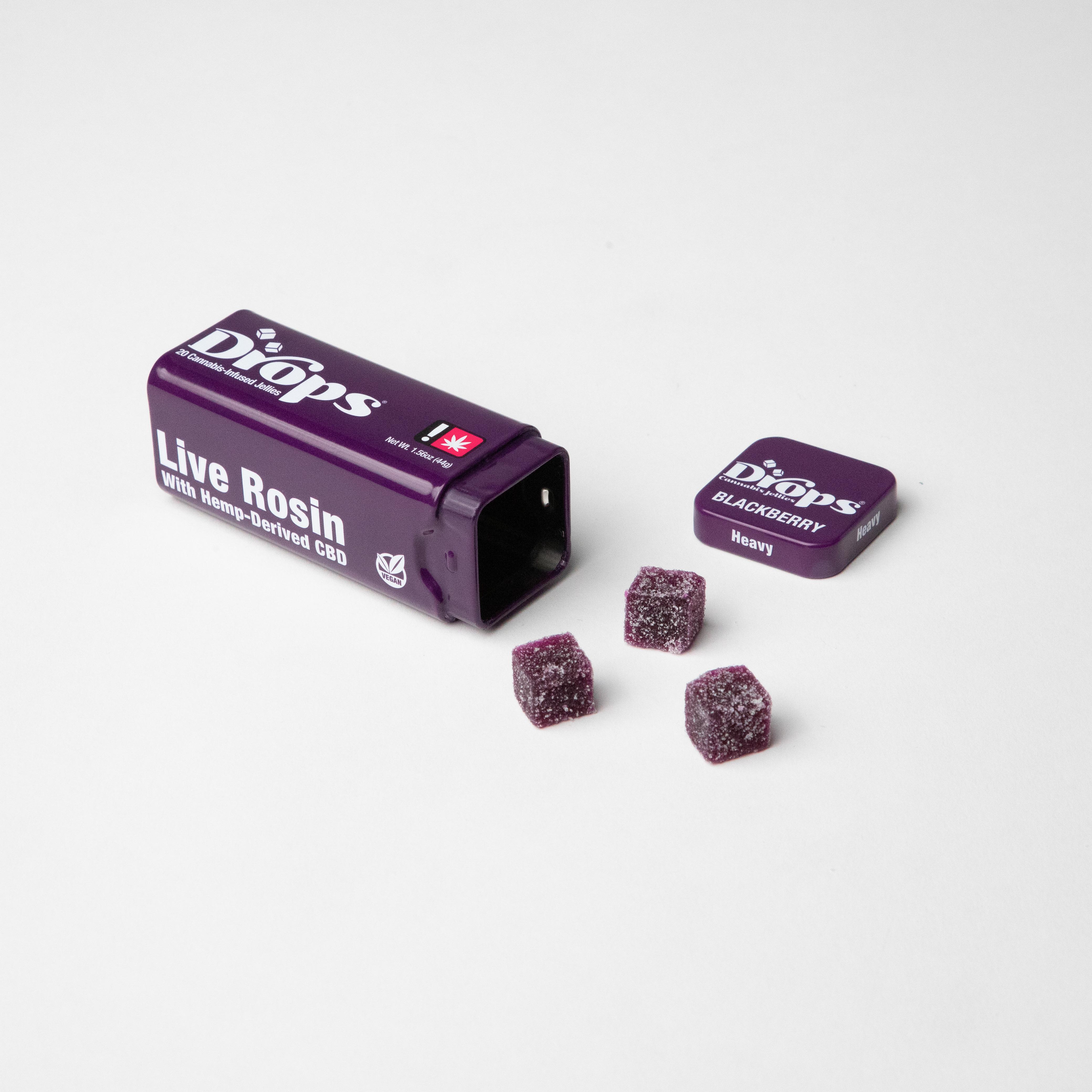 Photograph of product: Gummy - Drops 20pc - - Blackberry CBD 2:1
