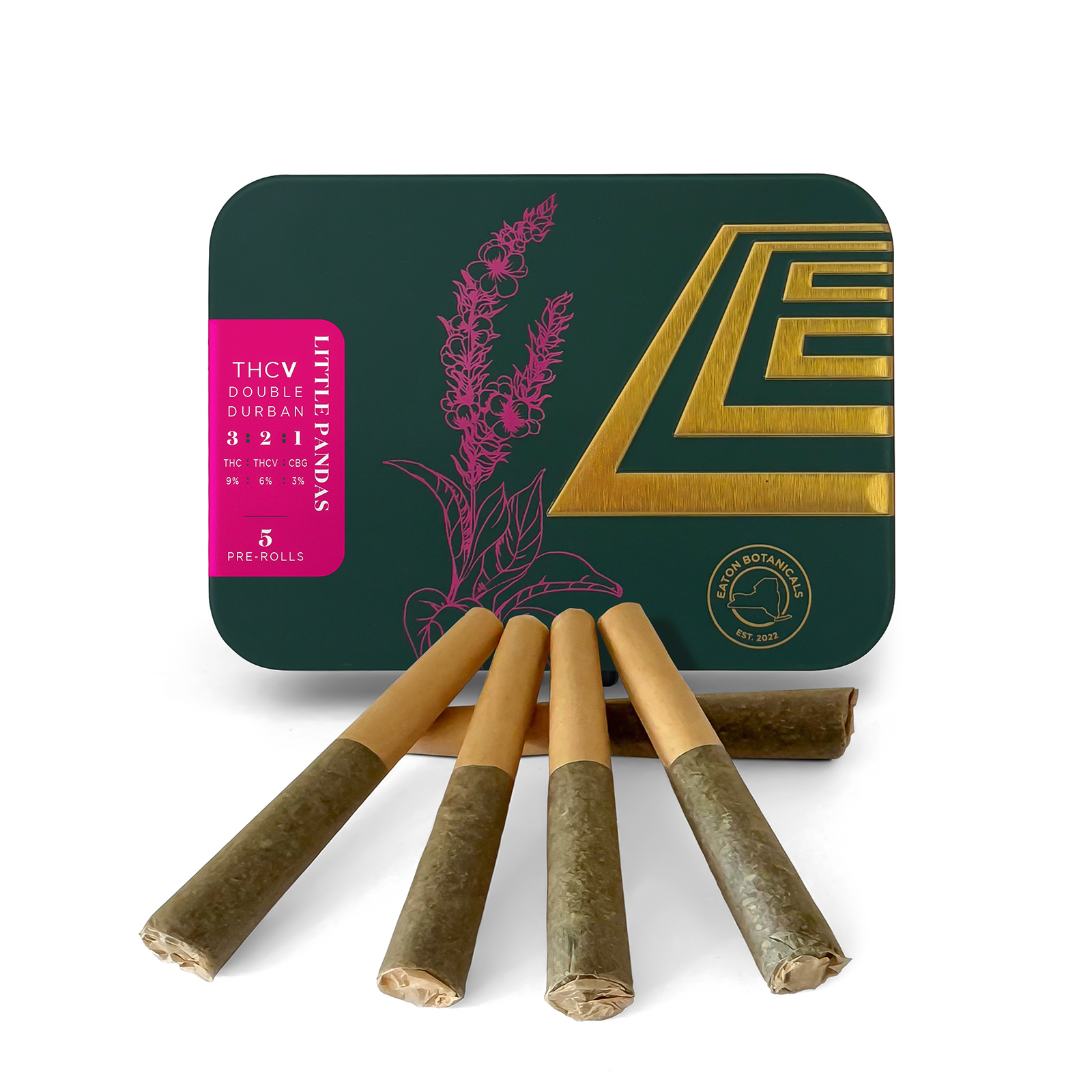Photograph of product: Eaton Botanicals | Double Durban "Little Panda" | TH-oui TH-ouiV CBG  | Pre-Rolls | 5PK