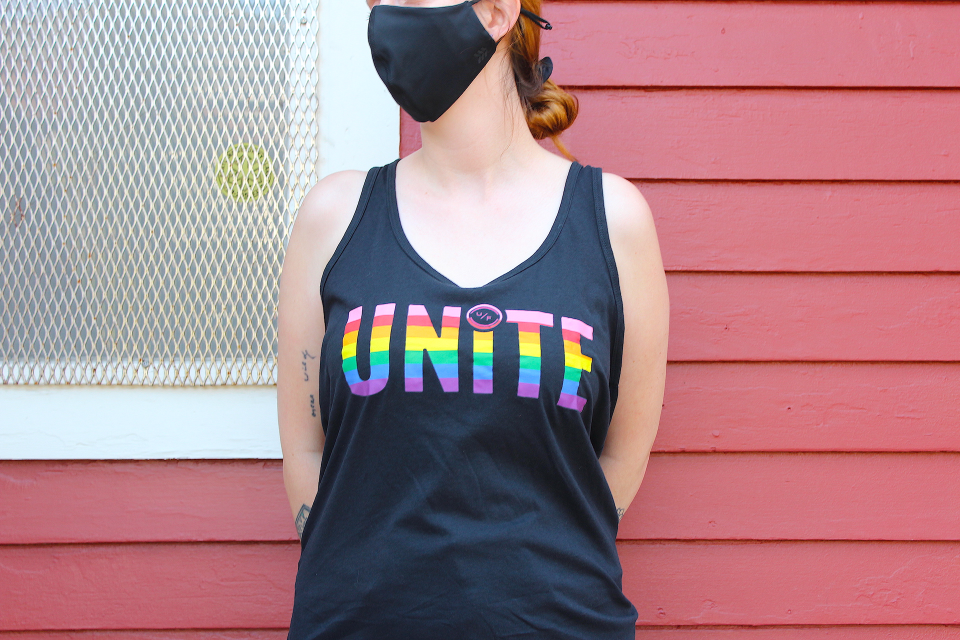 Photograph of product: Urban Farmacy - "UNITE" Black Gathered Racerback Tank (S-XL)