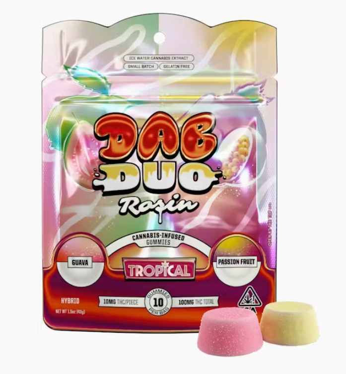 Photograph of product: ABX Dab Duos Tropical Guava & Passion Fruit Hybrid Rosin Gummies 100mg
