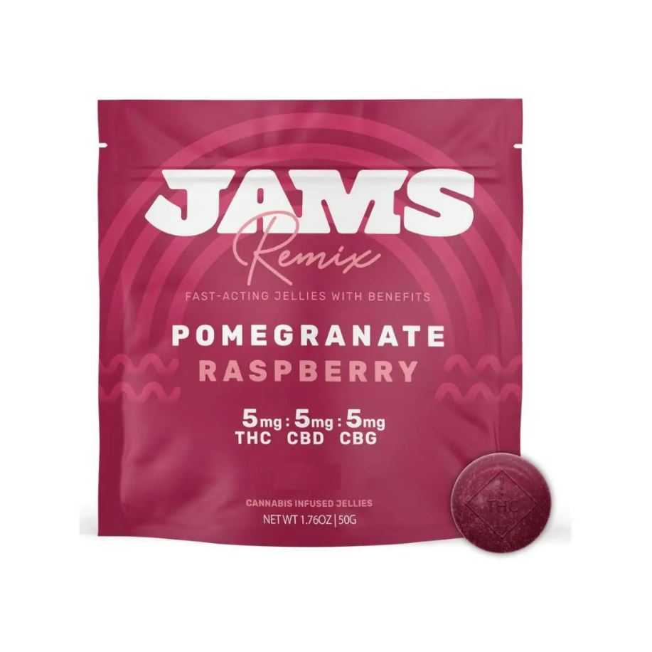 Photograph of product: Fast Acting Remix Ratio Raspberry Pomegranate CBD:CBG Jelly Gummies T4.64 C5.0 G4.7 20pk (3-00933)