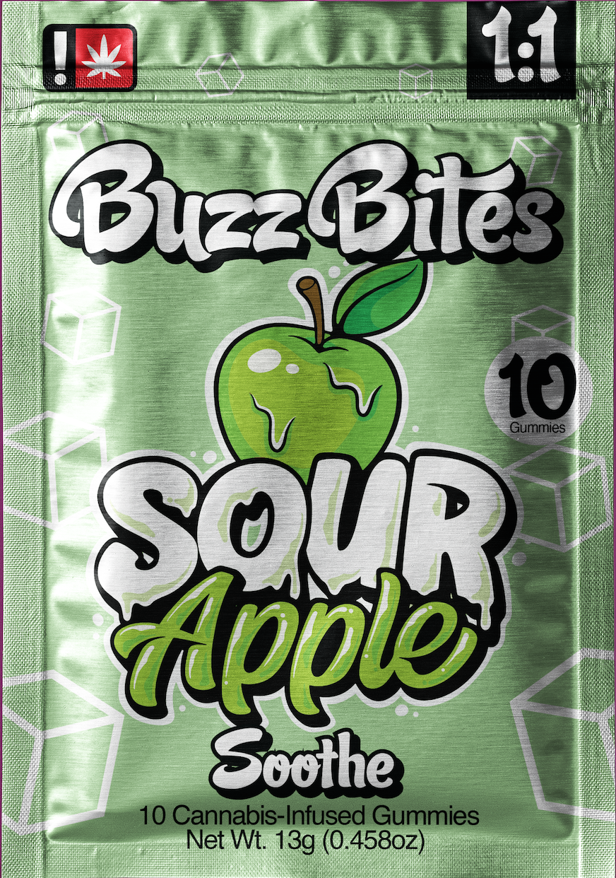 Photograph of product: Buzz Bites Sour Apple Soothe 1:1 Gummies 100mg 10 Piece (Oui'd 1:1)