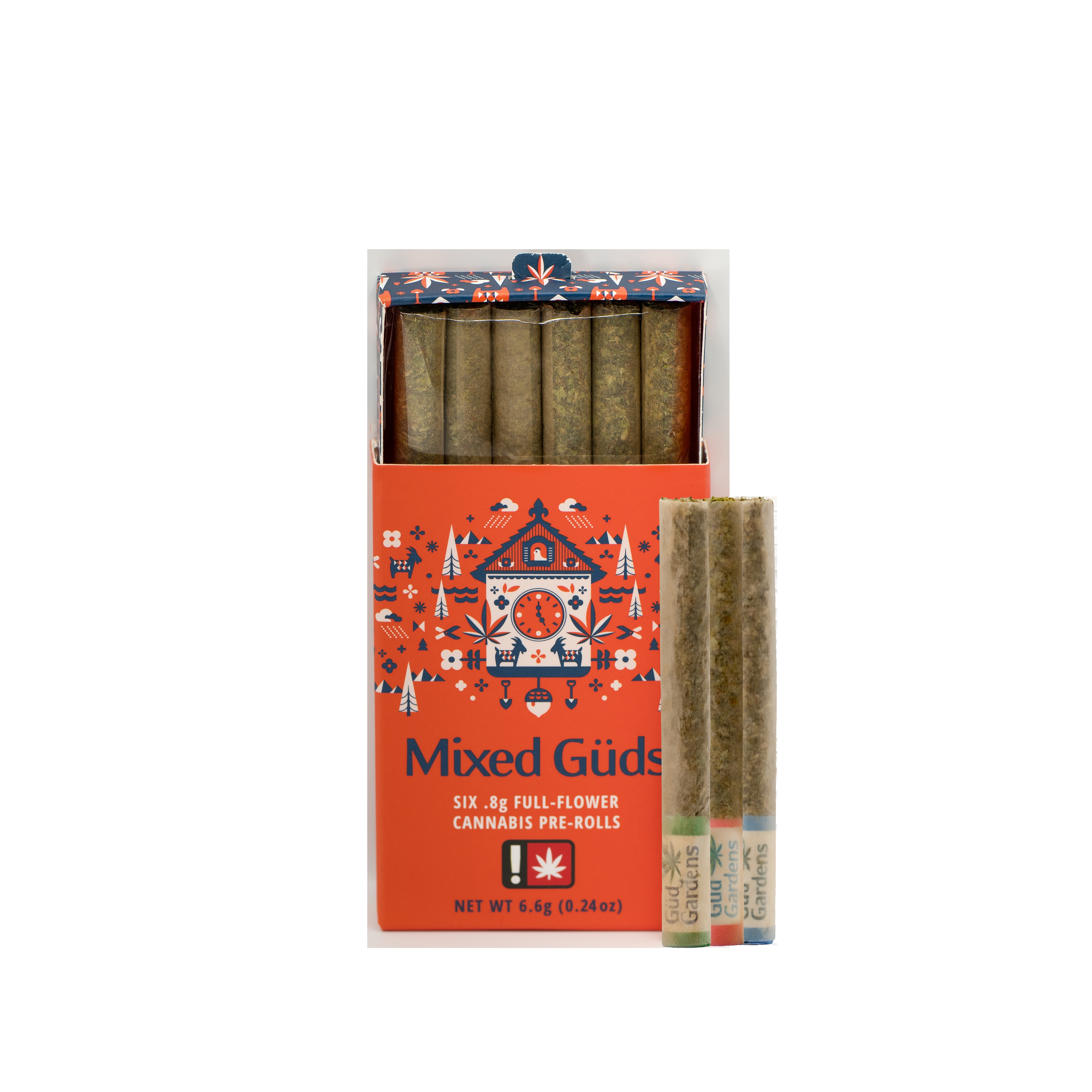 Photograph of product: Preroll Pack | Mixed Guds (H) Straight Roll | Vice City 20.60% / Tropicanna Punch 24.86% / Creamed Corn 30.79% | .8g 6pk
