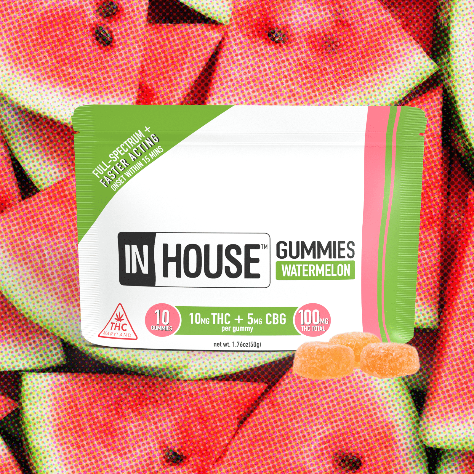 Photograph of product: 100mg Watermelon Fast-Acting Gummies [2:1 TH-oui:CBG] 10pk