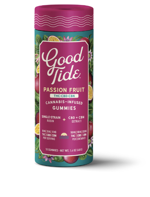 Photograph of product: Good Tide 100mg (1:1:1 TH-oui:CBD:CBN) Single-Strain Rosin Gummies - Passionfruit 10 x 10mg