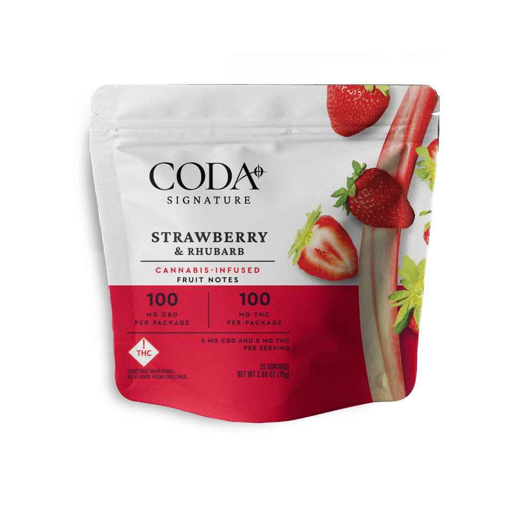 Photograph of product: Coda - Fruit Notes Gummies - 100mg - - CBD 1:1 - Strawberry Rhubarb