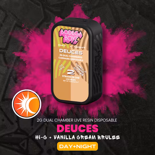 Photograph of product: Bodega Boyz - Deuces 2g AIO Live Resin Vape - OJ HI-C x Vanilla Creme Brulee - 2g