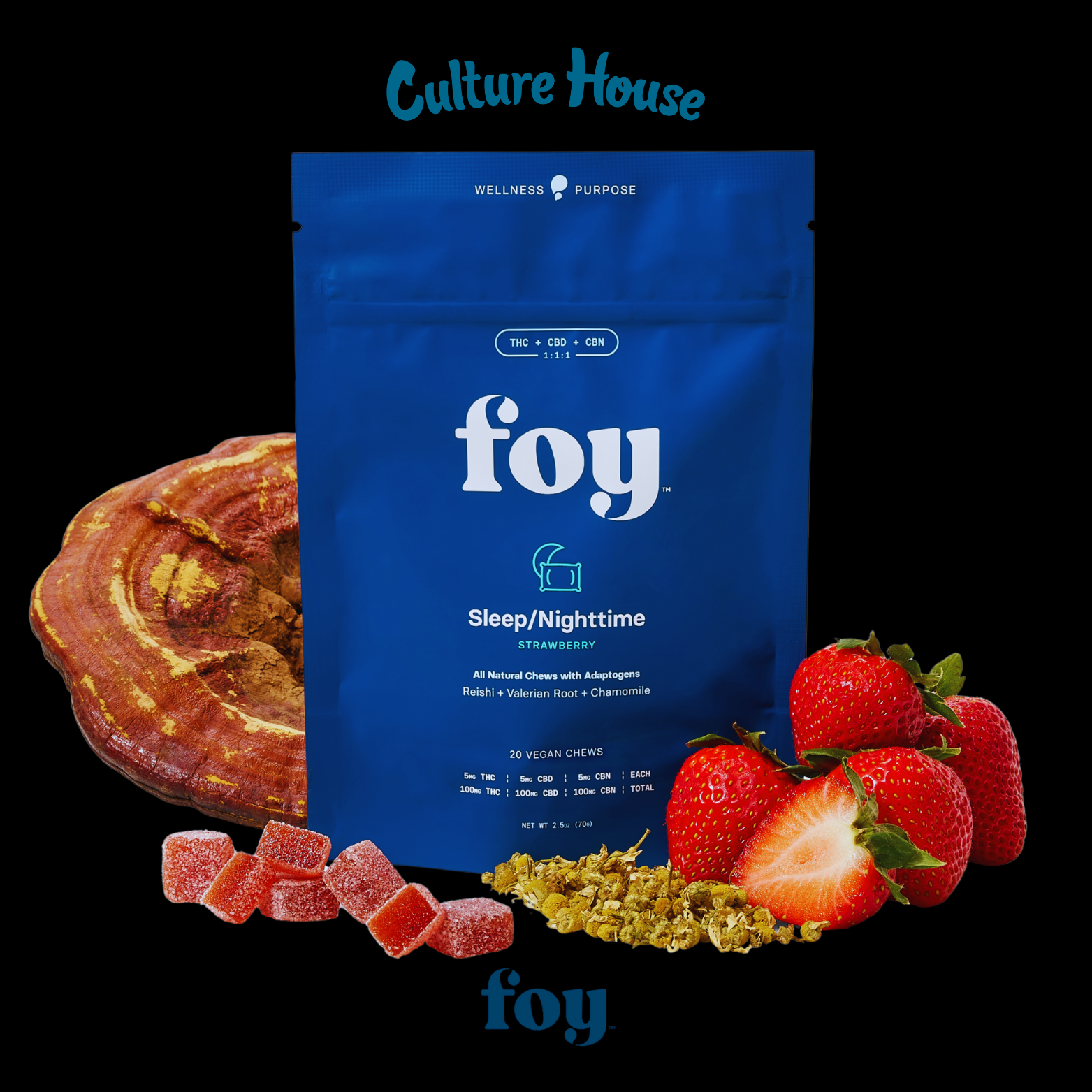 Photograph of product: Foy | Strawberry | Nighttime | 1:1:1 TH-oui:CBD:CBN | 100mg