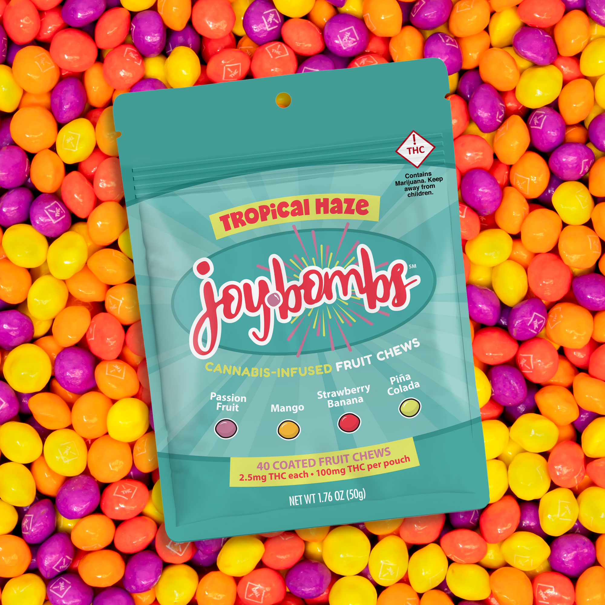 Photograph of product: Joy Bombs Tropical Haze - 100mg TH-oui (40pk / 2.5mg TH-oui ea)