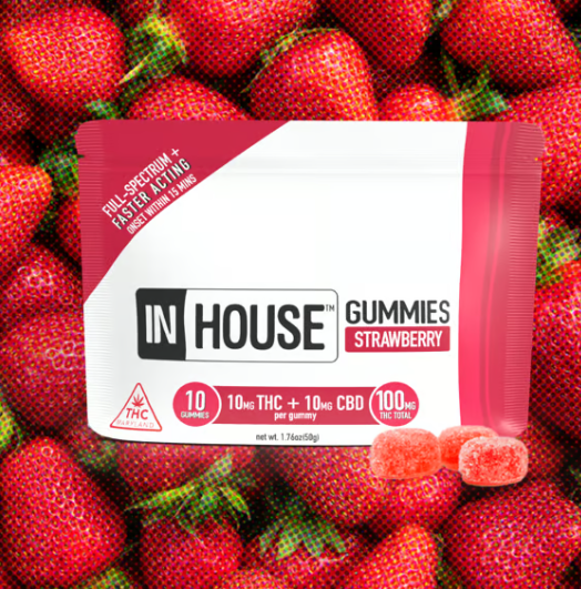 Photograph of product: In House | Gummies | Strawberry 1:1 TH-oui:CBD | 10pk | 100mg