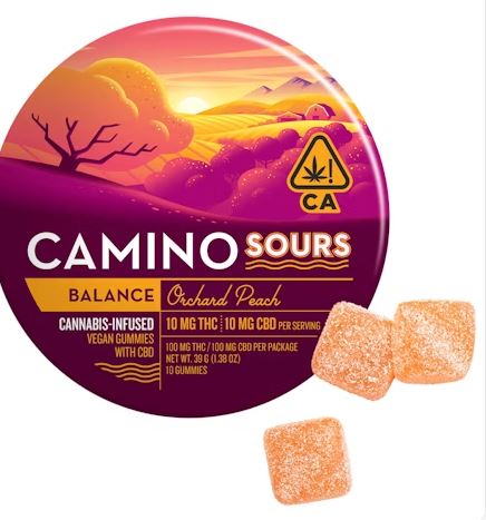Photograph of product: CAMINO SOURS ORCHARD PEACH 1:1 CBD 10PK GUMMIES 100MG