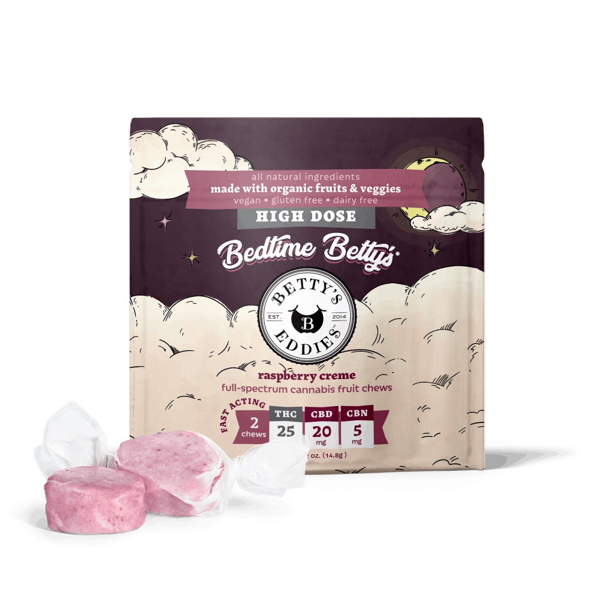 Photograph of product: Betty's Eddies | Fruit Chews | Raspberry Creme 2:4:1 TH-oui:CBD:CBN | 2pk 50mg