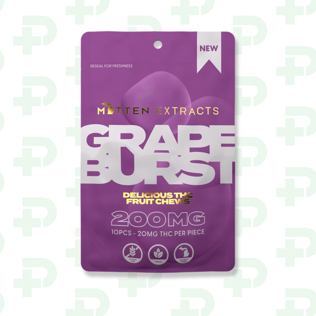 Photograph of product: Mitten Extracts 200mg Fruit Chews - Grape Burst