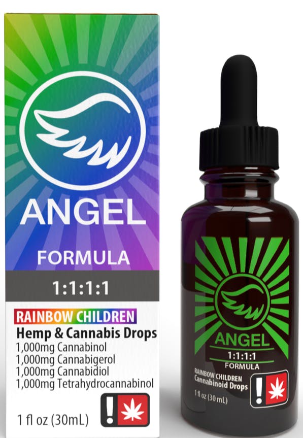 Photograph of product: Angel - 1,000mg 1:1:1:1 TH-oui:CBD:CBG:CBN Rainbow Children Tincture